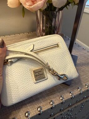 Dooney & Bourke Cream Pebbled Leather Wristlet with Gold Hardware